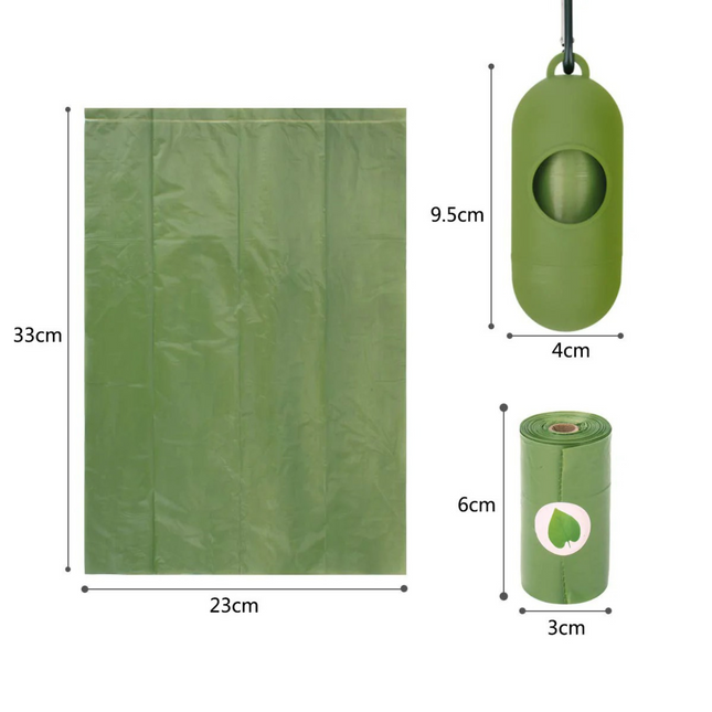 Green fabric with measurements and a rolled-up green product with a logo.