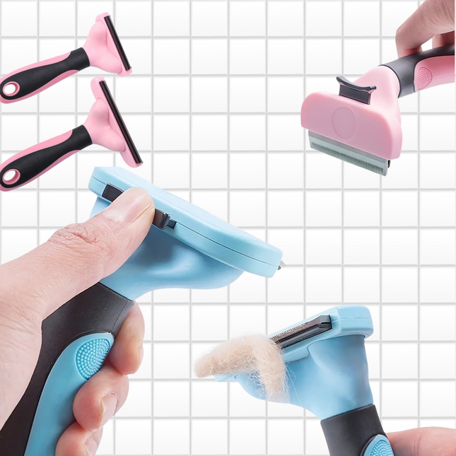 Pet grooming tool with pink and blue handles on a grid background