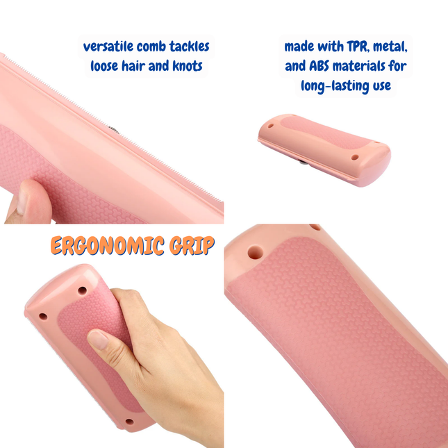 Pink comb with text highlighting features on a white background