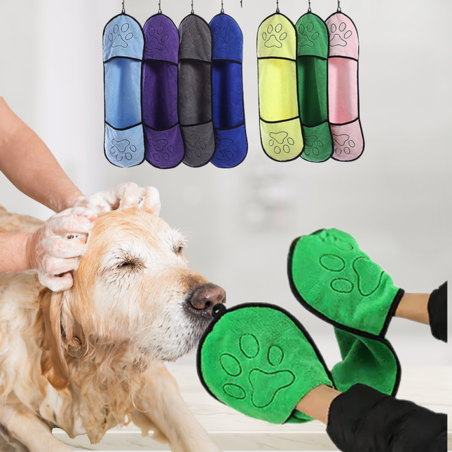 Person washing a dog with green grooming mitts, showing various color options above.