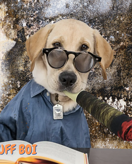Dog wearing sunglasses and a blue shirt, holding a rolled-up scroll with 'Ruff Boi' text.
