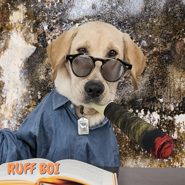 Dog wearing sunglasses and a blue shirt, holding a rolled-up scroll with 'Ruff Boi' text.