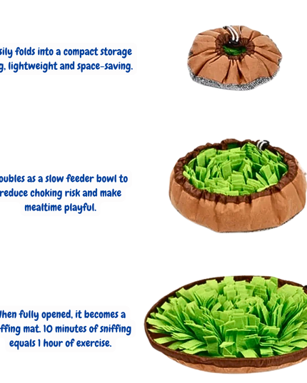 Pet toy or mat with green interior, brown exterior, and text describing its features.