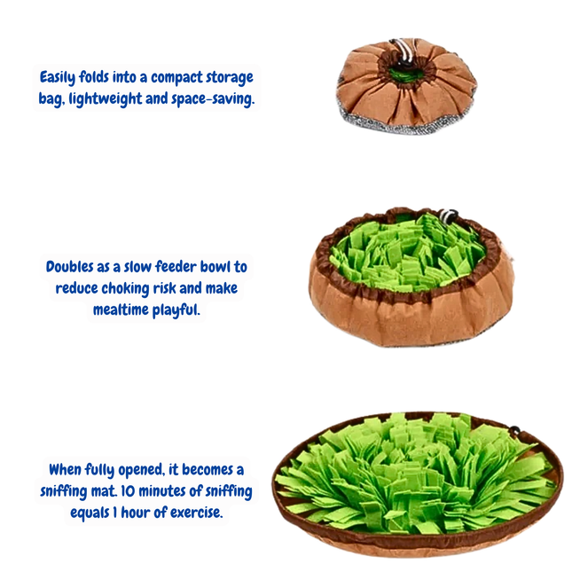 Pet toy or mat with green interior, brown exterior, and text describing its features.