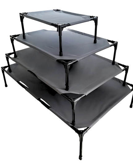 Stack of four gray pet beds with black metal frames on a white background