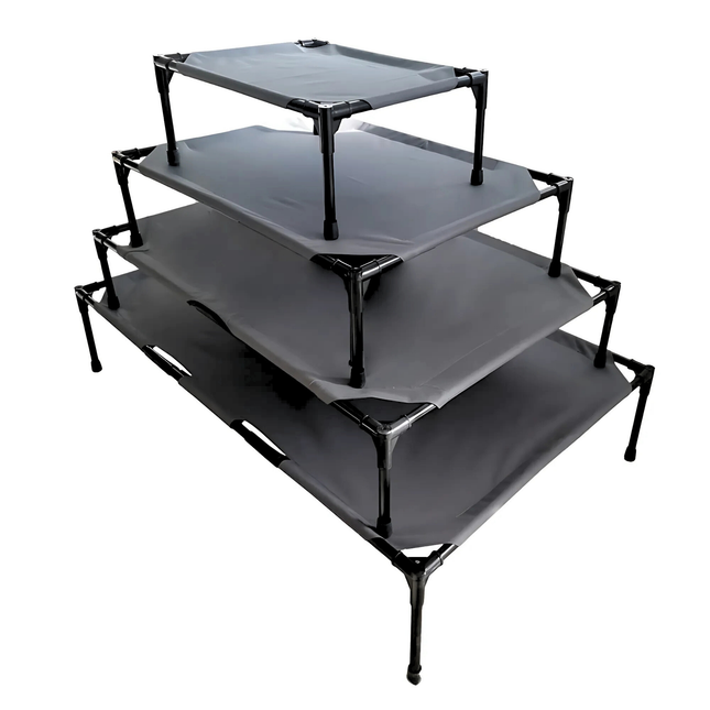Stack of four gray pet beds with black metal frames on a white background