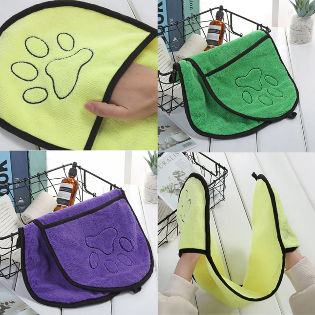 Four microfiber cloths with paw prints in different colors on a white background.