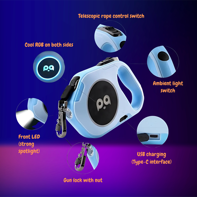 Blue pet leash with features highlighted on a purple and blue gradient background