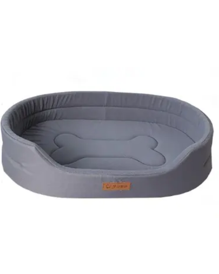 Gray pet bed with a bone design on a white background