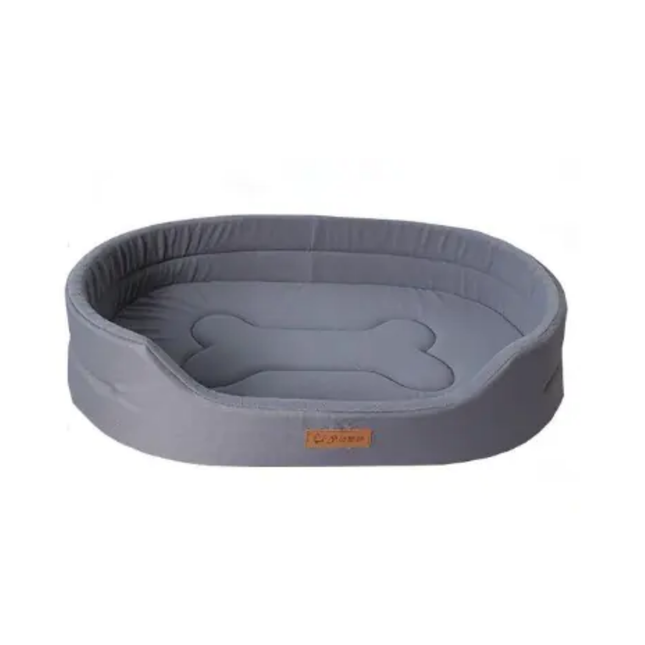 Gray pet bed with a bone design on a white background