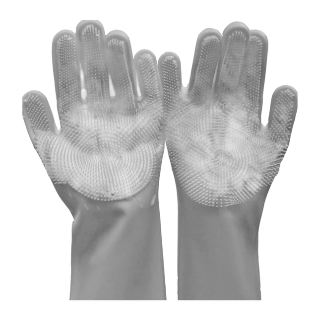 Pair of gray gloves with textured palm on a white background