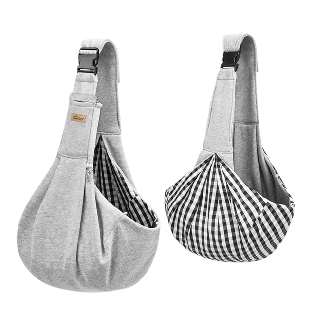 Two gray pet sling bags with checkered interior on a white background