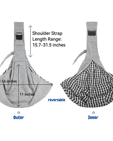 Gray baby carrier with reversible inner panel, showing dimensions and features on a white background.
