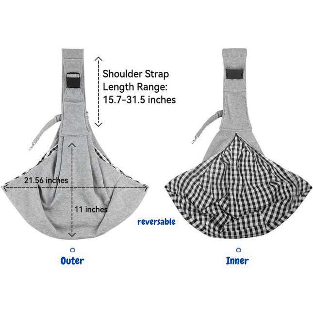 Gray baby carrier with reversible inner panel, showing dimensions and features on a white background.