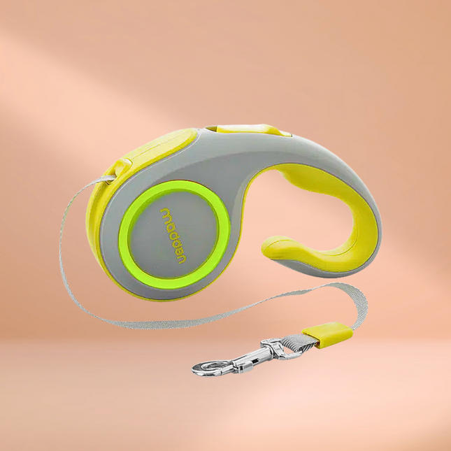 Retractable dog leash with green handle and gray reel on a peach background