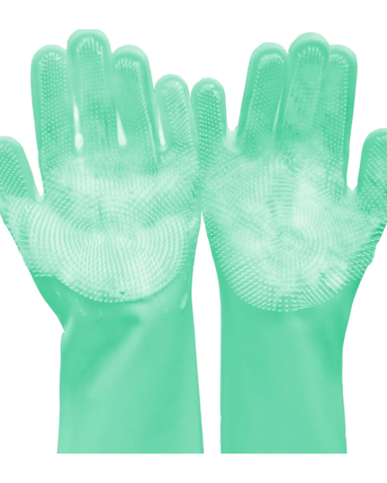 Pair of green gloves with textured surface on a white background