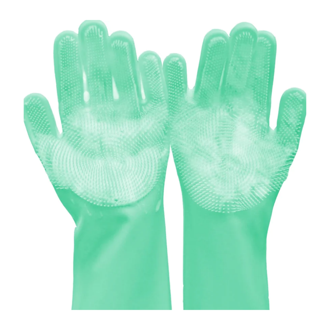 Pair of green gloves with textured surface on a white background