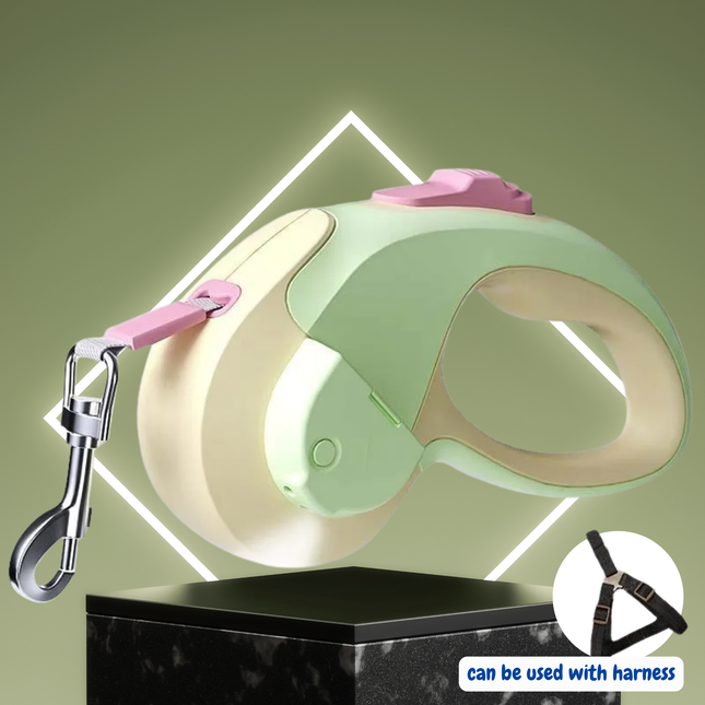 Pet leash with pink handle and green body on a green background