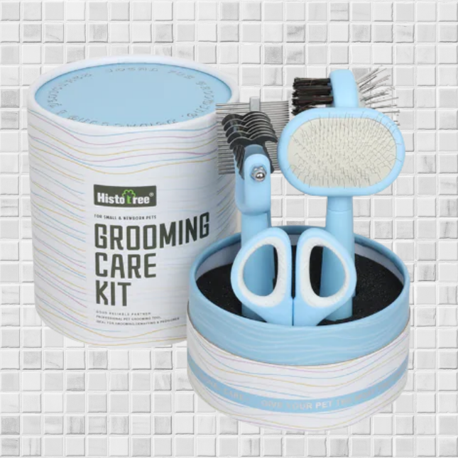 Pet grooming care kit with scissors, brush, and comb in a cylindrical container on a tiled background.
