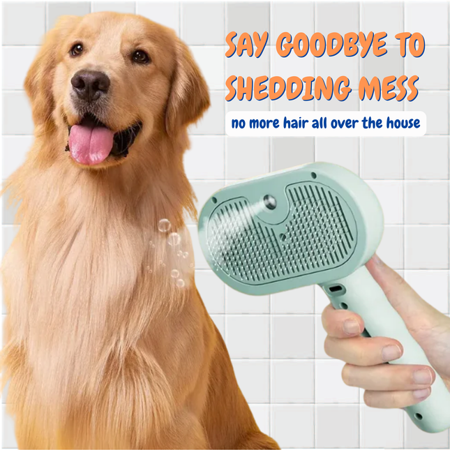 Dog with a grooming brush and text 'Say goodbye to shedding mess' on a tiled background