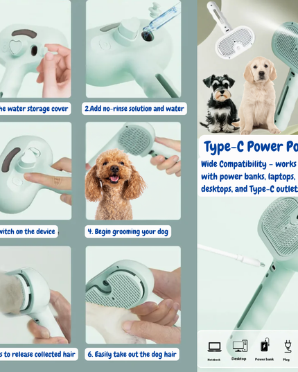 Pet grooming tool with step-by-step instructions and product details.