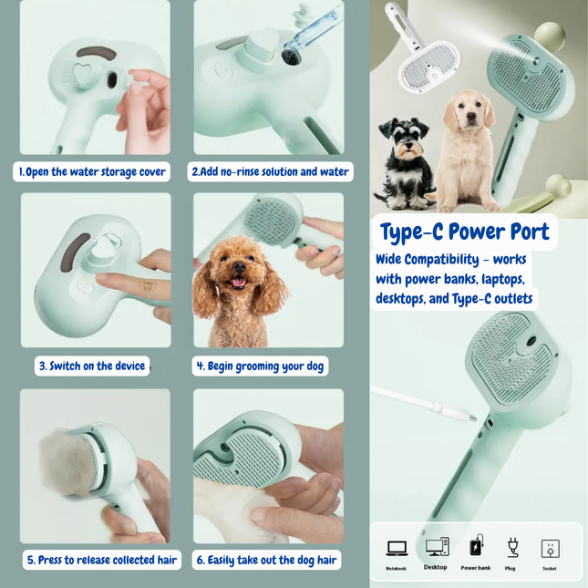 Pet grooming tool with step-by-step instructions and product details.