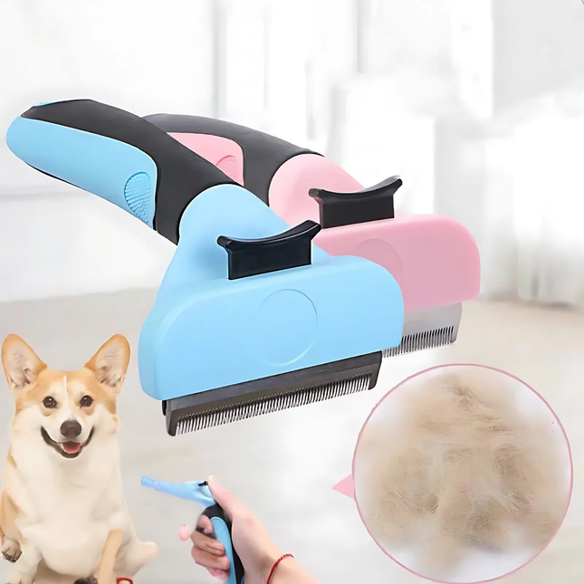 Pet grooming tool with a dog and close-up of hair being removed.