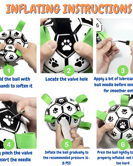 Step-by-step guide on how to inflate a soccer ball with paw prints, including hands performing each action.
