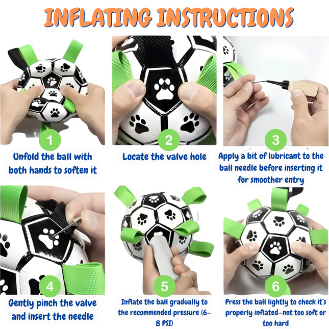 Step-by-step guide on how to inflate a soccer ball with paw prints, including hands performing each action.