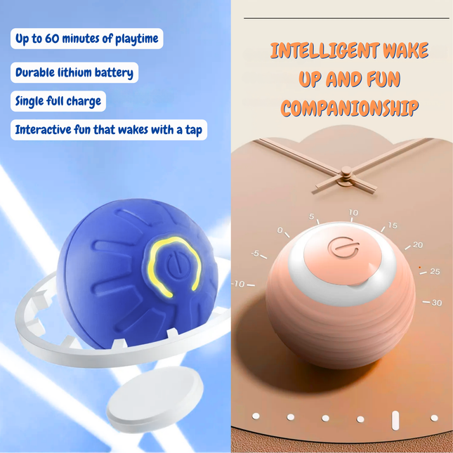 Two products, a blue and white ball-like device and a pink and white round device with a clock face, on a split background with text about features.