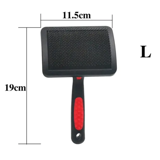Pet grooming brush with measurements on a white background