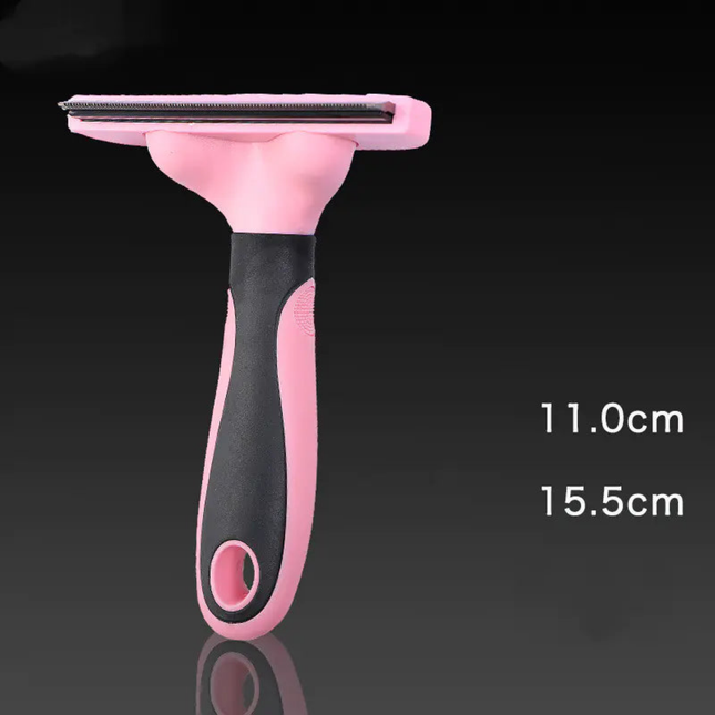 Pink and black pet grooming brush on a black background with measurements displayed.
