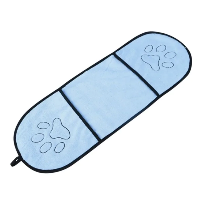 Blue pet cooling mat with paw prints on a white background