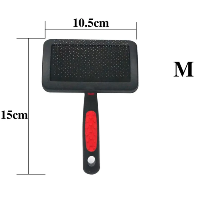 Pet grooming brush with measurements on a white background