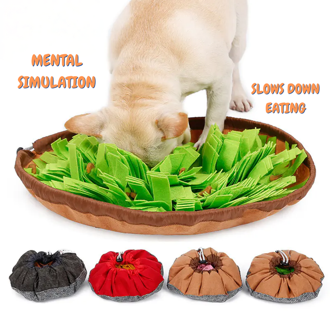 Dog toy designed to simulate grass eating with a dog interacting with it, and additional toys in different colors shown below.