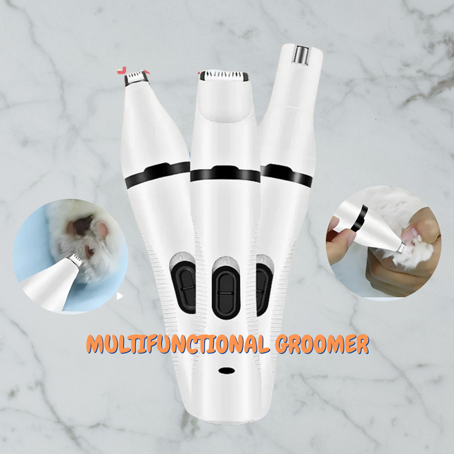 Multifunctional grooming tool with insets showing use on a pet and a person.