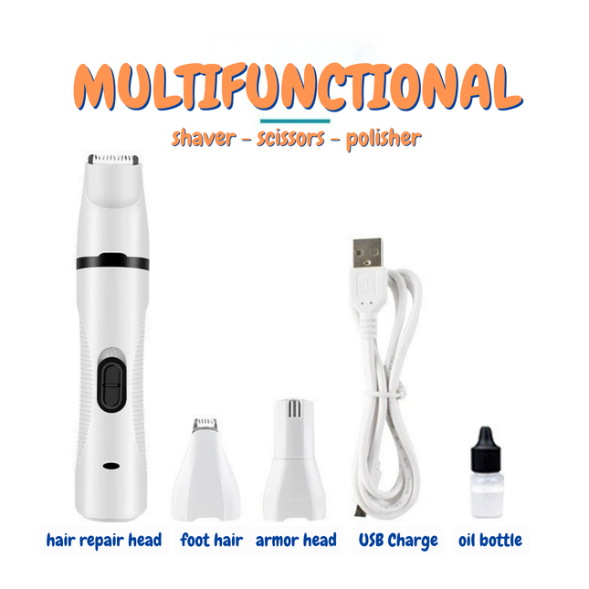 Multifunctional grooming tool with attachments and charging cable on a white background