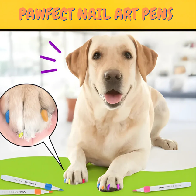 Dog with colorful painted nails next to nail art pens, with a focus on pet grooming products.