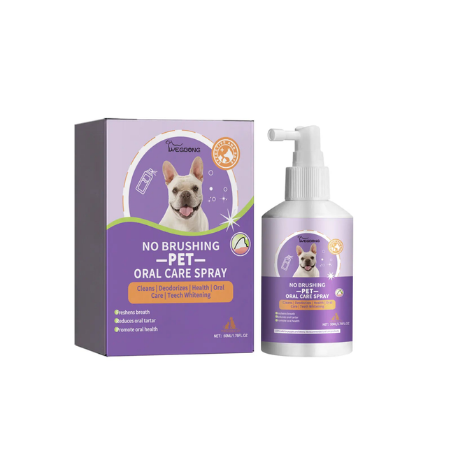 Pet oral care spray with packaging on a white background