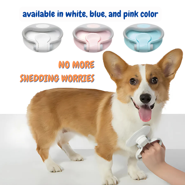 Dog grooming tool with a corgi and text about color options and shedding concerns.