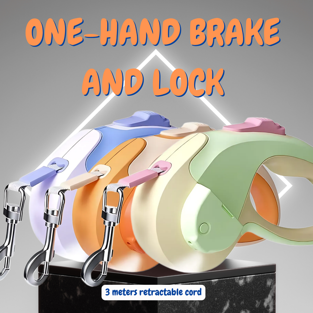Retractable dog leashes in various colors with a one-hand brake and lock feature.