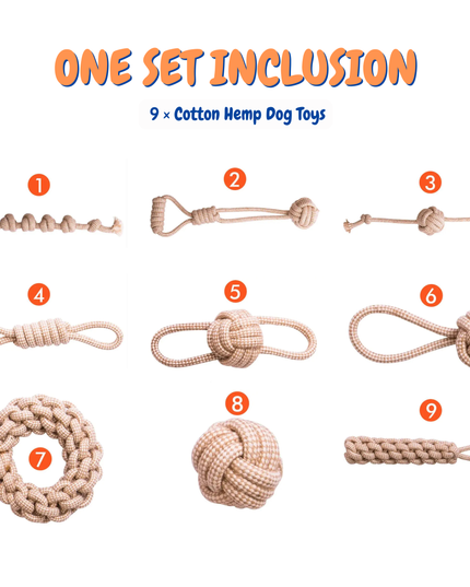 Set of 9 cotton hemp dog toys with numbers on a white background