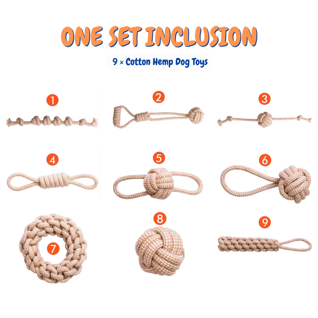 Set of 9 cotton hemp dog toys with numbers on a white background