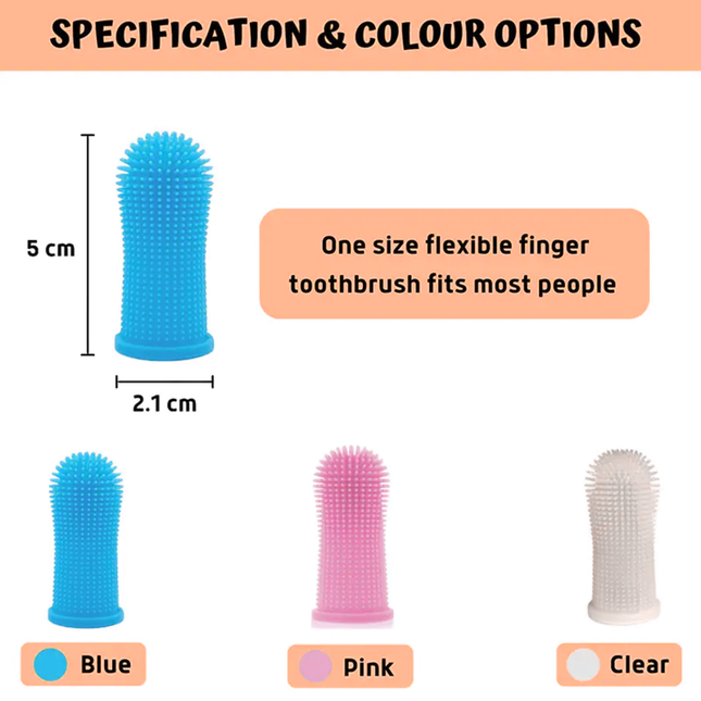 Flexible finger toothbrush with color options and dimensions on a white background