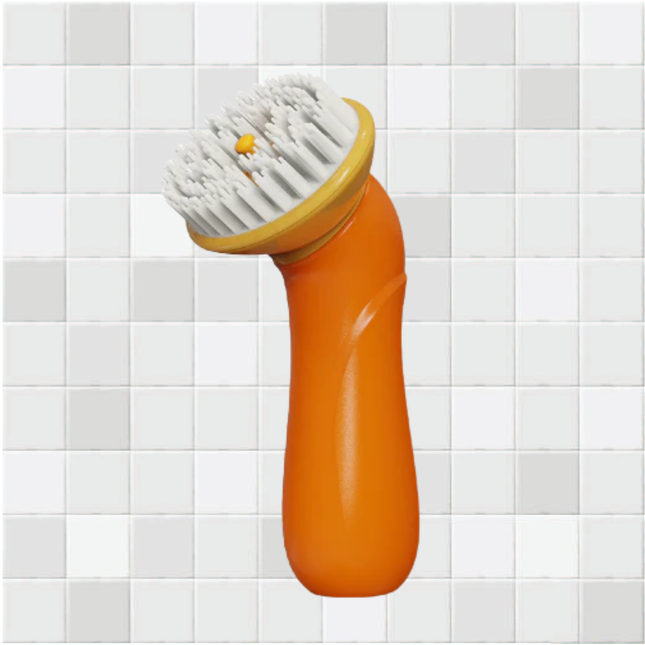 Orange scrubber with white bristles on a tiled wall background