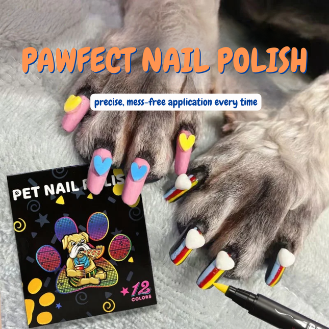 Pet's paws with colorful nail polish and a box of pet nail polish on a soft surface.