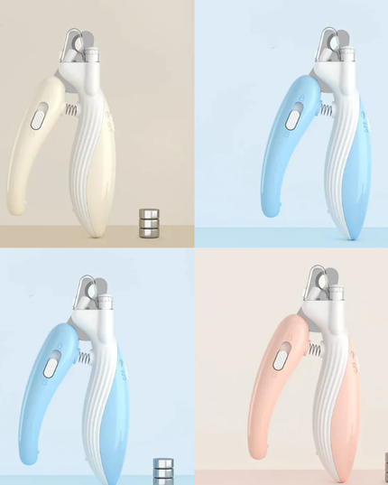 Set of pet nail clippers in different colors on a light background