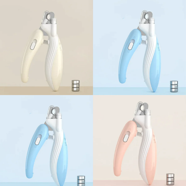Set of pet nail clippers in different colors on a light background