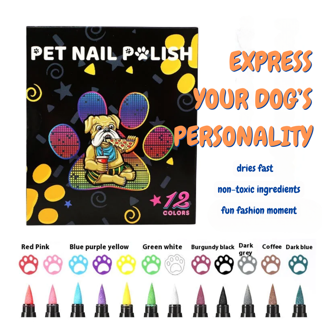 Pet nail polish set with colorful packaging and nail polish bottles displayed below.