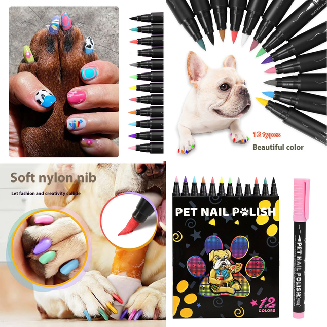 Pet nail polish set with colorful nail art on dog paws, soft nylon nib details, and a pack of 12 colors.